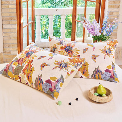 VANJOROY 100% Organic Washed Cotton Queen Pillowcases for Skin-Friendly Set of 2-1000 Thread Thick Count 20x30 Inches Luxury Boho Pillow Cases, Muslin Bird Floral Pattern Pillow Cover -Beige