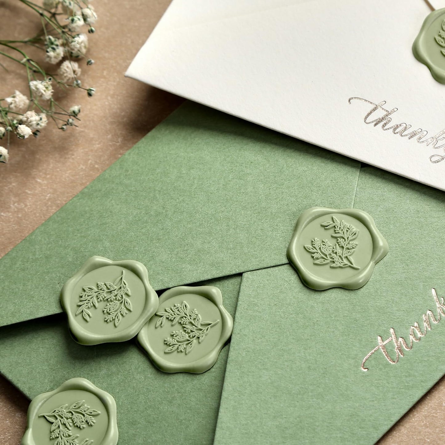 UNIQOOO Wax Seal Stickers - Eucalyptus Wedding Invitation Envelope Seal Stickers, 50 Pcs Self- Adhesive Sage Green Stickers, Perfect for Invitation, Christmas, Gift Wrapping
