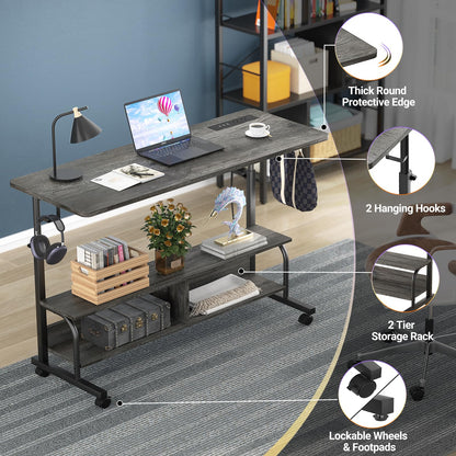 Armocity Rolling Standing Desk with Charging Station, Portable Height Adjustable Mobile Computer Desk with Wheels & 2-Tier Shelves & Hooks, Easy Assembly Laptop Table for Couch Bed, 47" Grey Oak