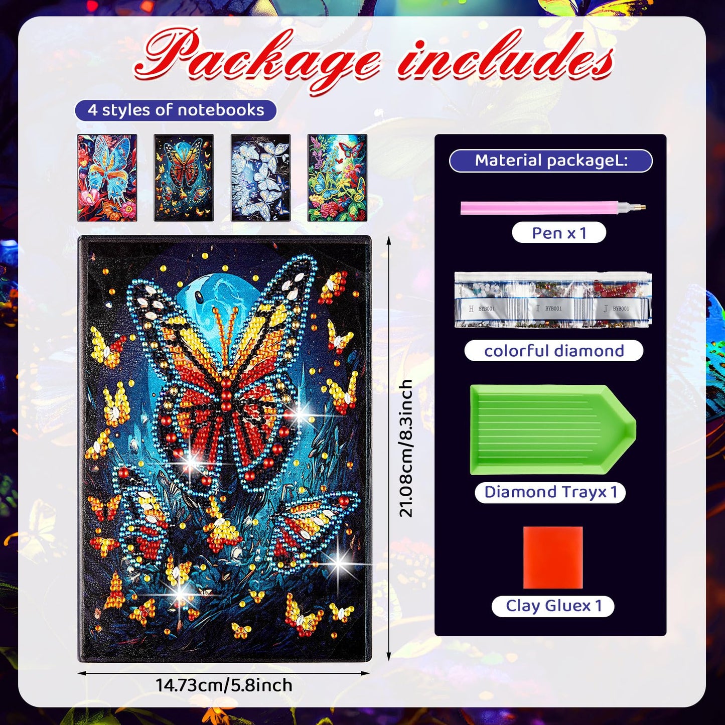 Fulmoon 4 Pcs Butterfly Diamond Art Notebook Kits for Adults 5.8 x 8.3 Inch Diamond Painting Kits for Beginner DIY 5D Gem Dots Journal Sketchbook Notepad for Christmas Birthday Drawing Painting