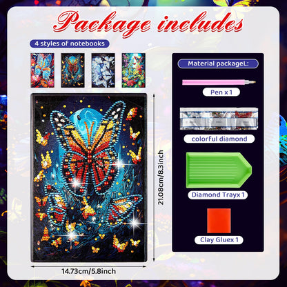 Fulmoon 4 Pcs Butterfly Diamond Art Notebook Kits for Adults 5.8 x 8.3 Inch Diamond Painting Kits for Beginner DIY 5D Gem Dots Journal Sketchbook Notepad for Christmas Birthday Drawing Painting