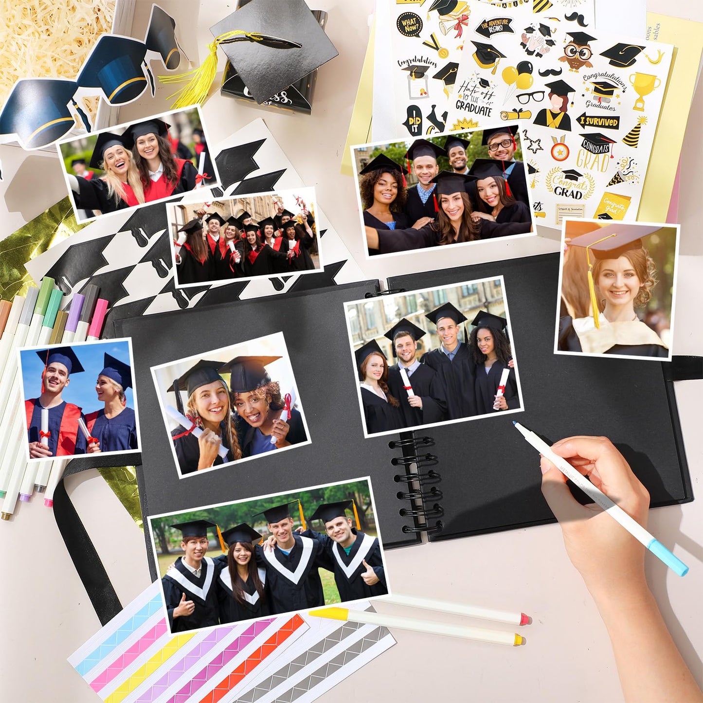 Fullhawl Graduation Scrapbook Kit 8 x 8 Inch Gold Black Grad Memory Book DIY Graduation Picture Album with Stickers and Markers for College High School Graduation Gifts Party Supplies, 40 Sheets