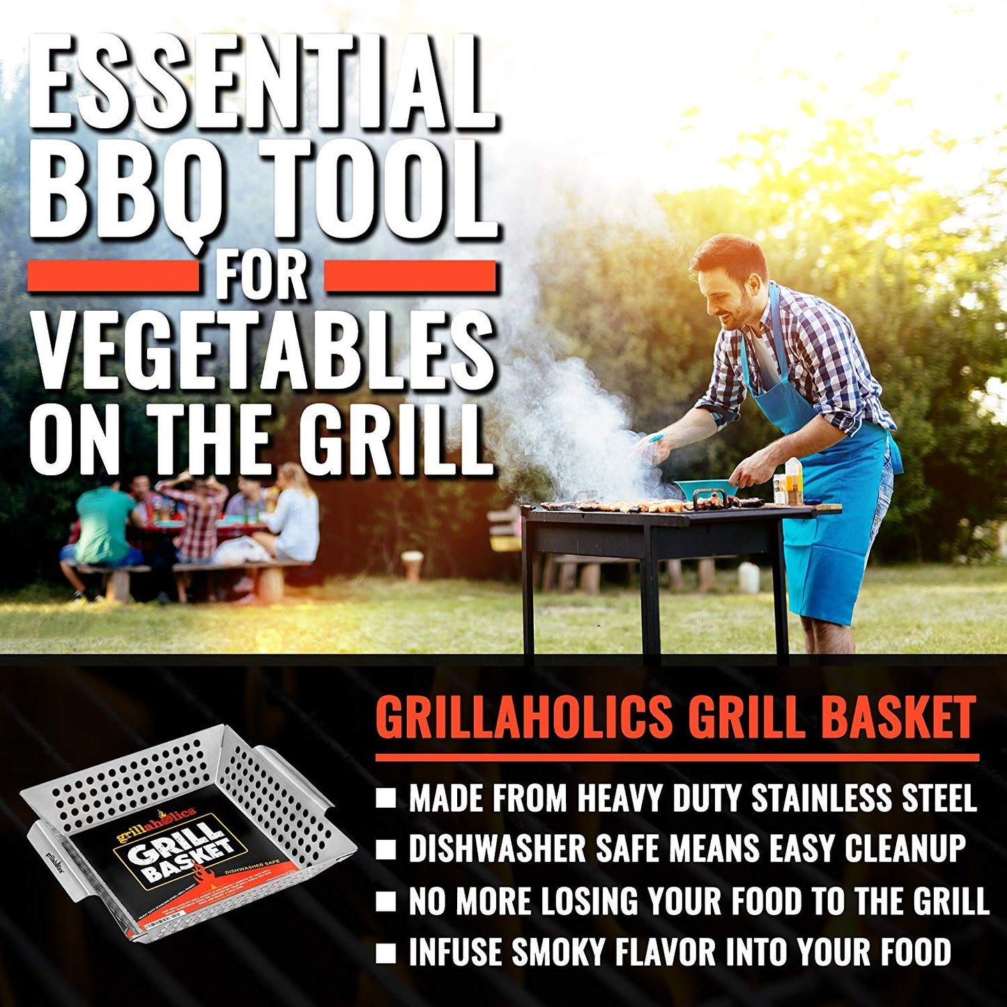 Grillaholics Vegetable Grill Basket for Outdoor Grill - Extra Large, Heavy-Duty Stainless Steel Veggie Grilling Basket with Handles