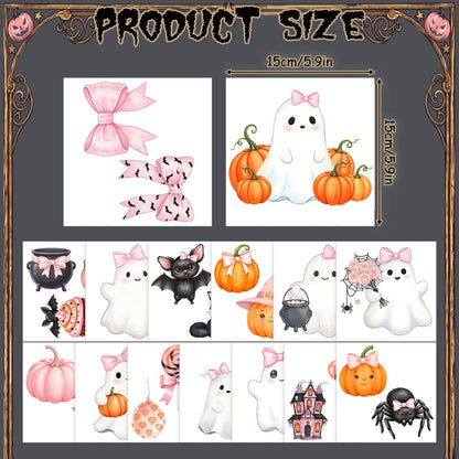 Harloon 15 Sheets Halloween Cute Ghost Rub on Transfers for Crafts Furniture Wood Ornaments Pink Bow Ghost Pumpkin Stickers Rub on Decals for Halloween Scrapbook DIY Wood Fabric Journal Envelope