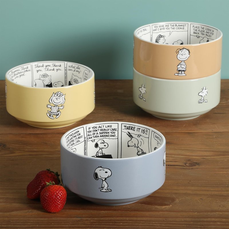 Peanuts Snoopy Bonbon Bites 4-Piece 5.5-Inch Decorated Stoneware Ceramic Stackable Bowl Set, Microwave & Dishwasher Safe Snack and Dessert Bowls