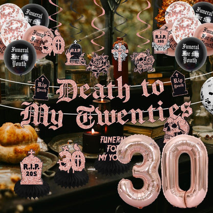 Crenics Rose Gold and Black Death to My 20s Decorations - Death to My Twenties Backdrop, Banner, Honeycomb, Sash, Hanging Swirls, Cake Topper and Balloons for 30th Birthday Party Decorations for Her