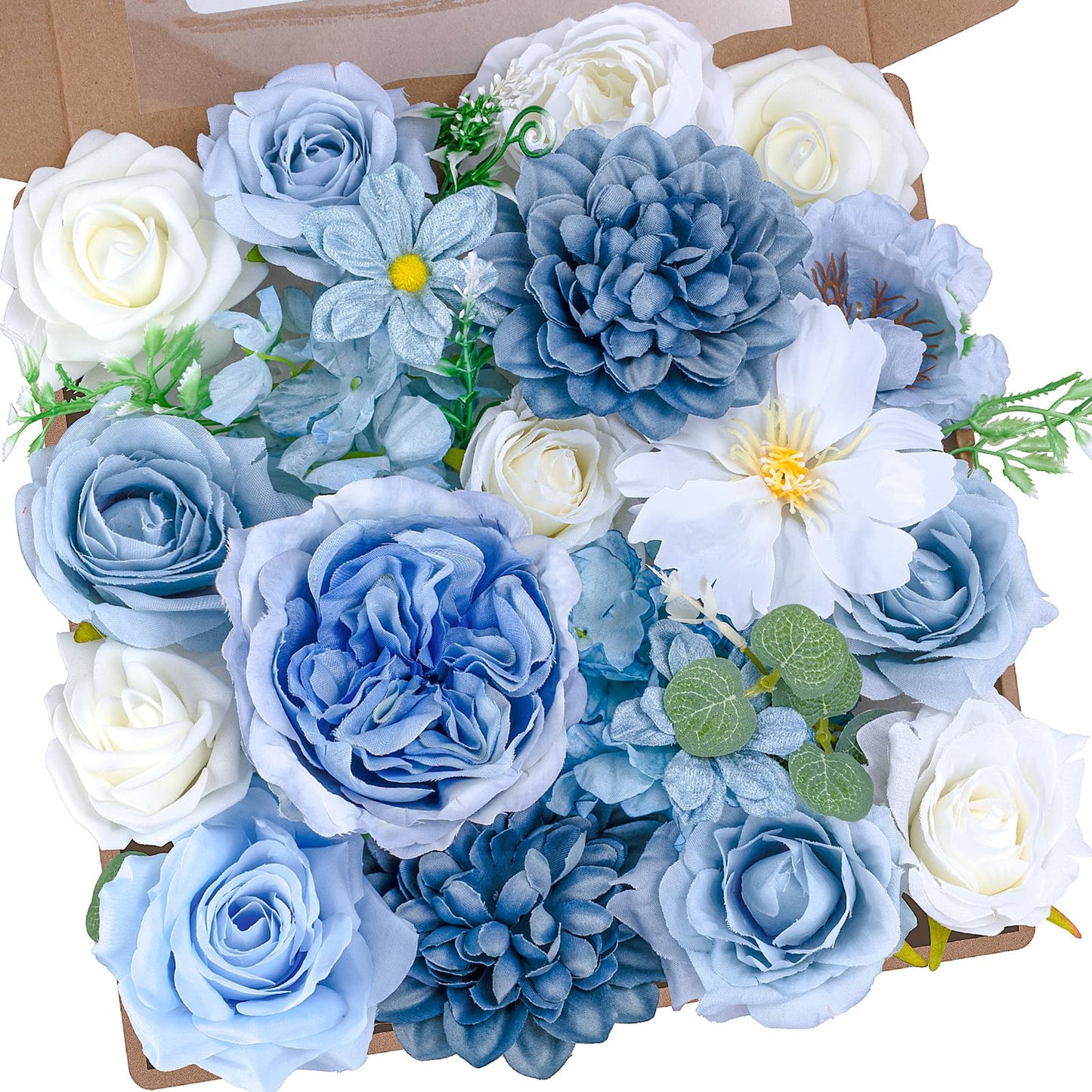 SWNAWE Light Blue Flowers Artificial Roses Combo Set Fake Blue Silk Flowers Faux Peony Flowers Mix Hydrangea Dahlia with Stems for Wedding Bouquets Baby Bridal Shower Party Floral Arrangements Decor