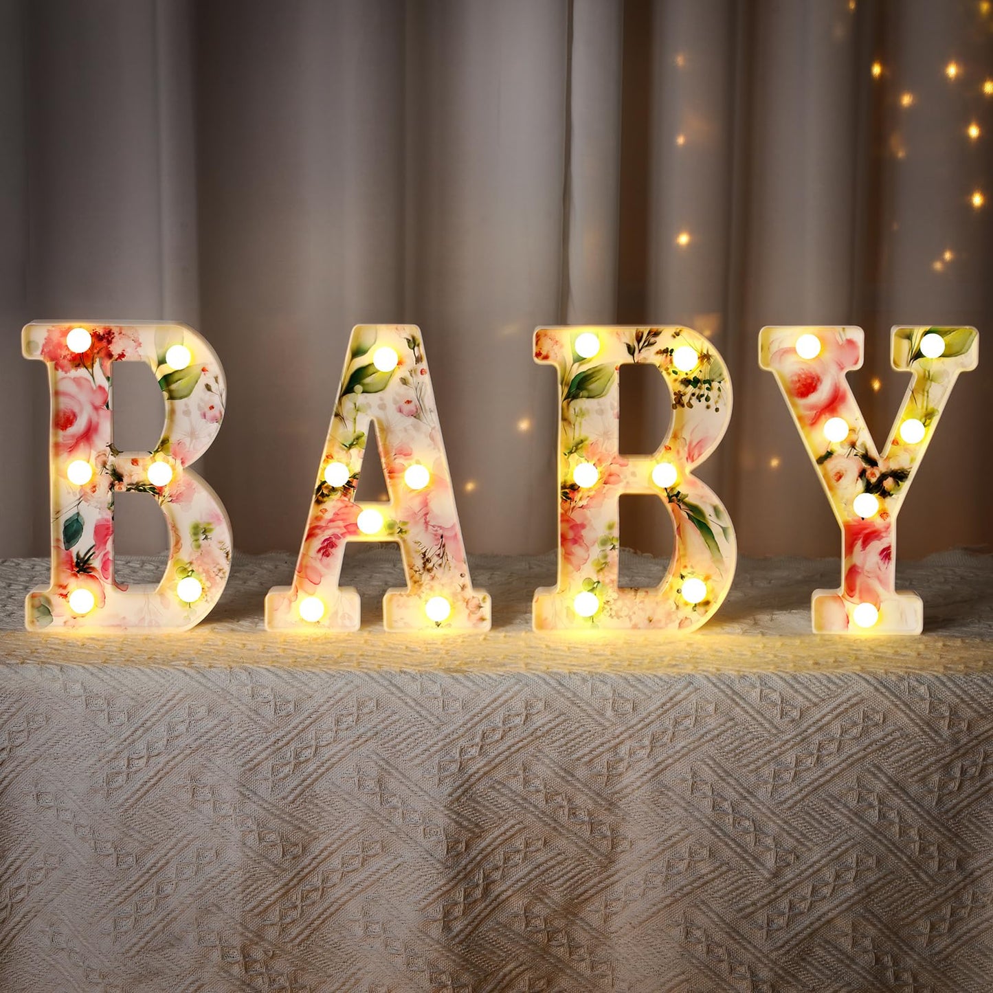 Realspring Woodland Greenery Centerpieces Baby Marquee Light up Sign Letters 8.15'' Baby Shower Letter Battery Operated Gender Reveal Birthday Party Decor for Home Table(Pink)