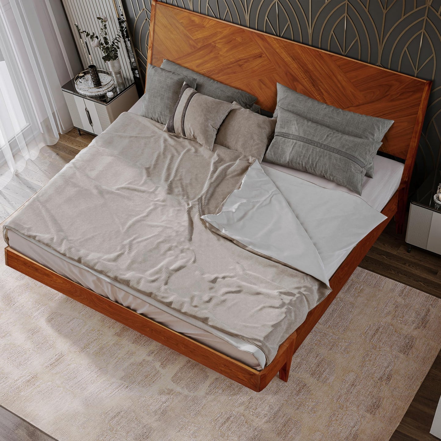 RORNS Gazelle Bed Frame with Headboard Solid Wood Platform Bed, Queen Bed Frames, Optical Illusion Tall Headboard Wood Bed Compatible with All Mattress Types, No Box Spring Needed, Walnut