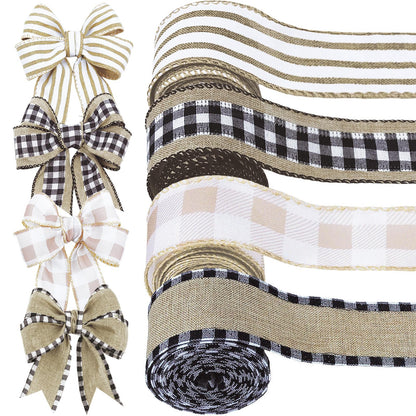4 Rolls Winter Burlap Checked Ribbon Wire Border Christmas Holiday DIY Present Butterfly Floral Craft Decor 1.5 Inches Wide 13.2 Yard (Natural)