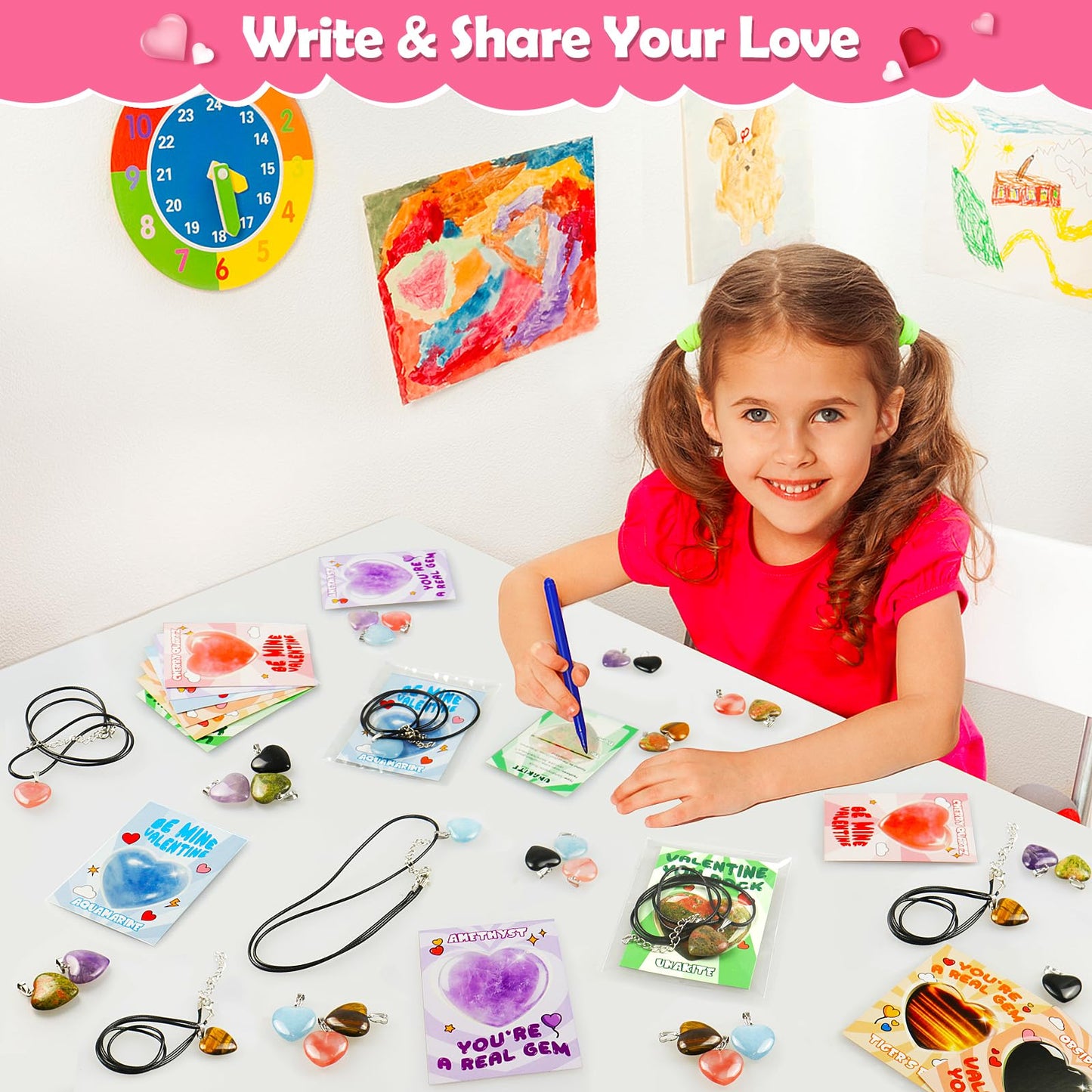 Arfun Valentines Day Cards Gifts for Kids School, 24 Pack Heart Gem Necklaces Valentines Goodie Bags for Classroom, Valentine Exchange Party Favors Rock Crystal Stone Pendants for Girls Boys Class