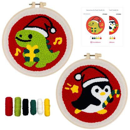 Christmas Punch Needle Kit for Adult Beginner, Easy Punch Embroidery Starter Set with Instruction, Fun DIY Needle Point Craft for Home Decor & Holiday Gift Idea(2pcs Dino & Penguin)