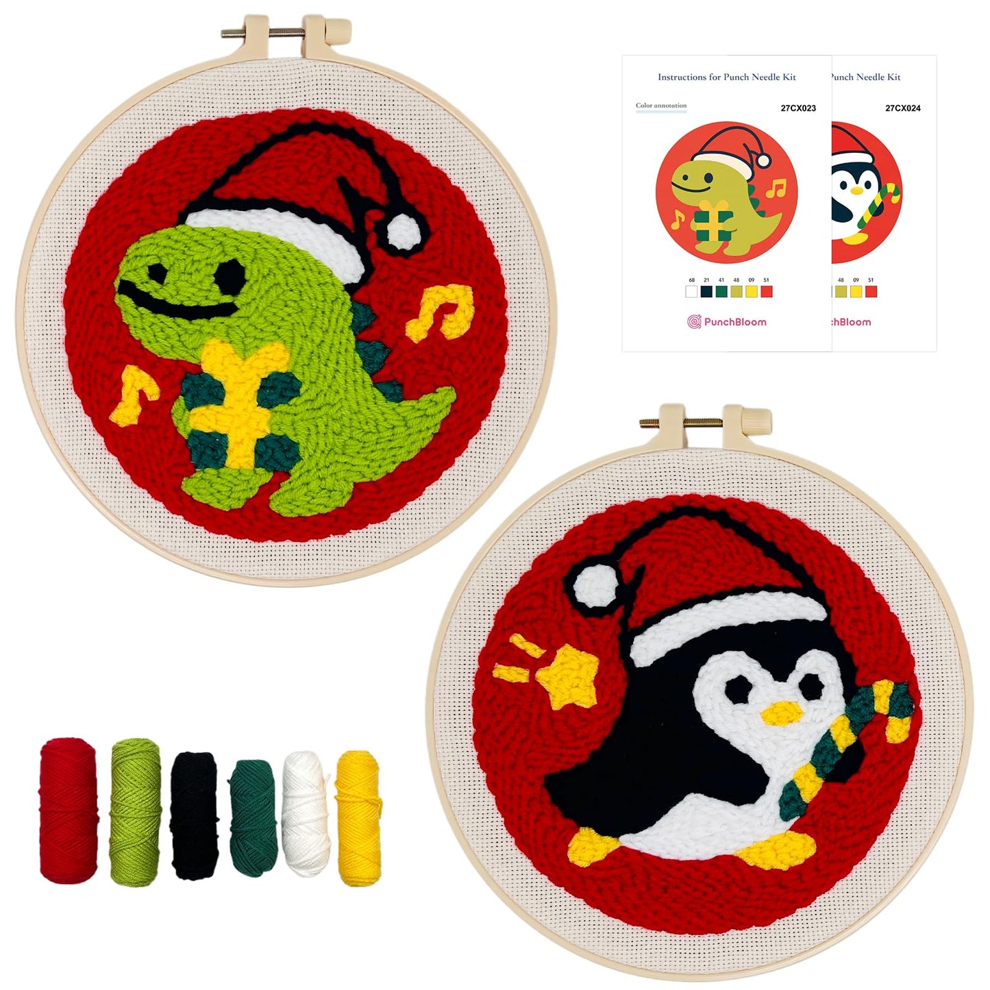 Christmas Punch Needle Kit for Adult Beginner, Easy Punch Embroidery Starter Set with Instruction, Fun DIY Needle Point Craft for Home Decor & Holiday Gift Idea(2pcs Dino & Penguin)