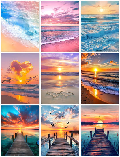 DPARTGMJT 9 Pack Beach Diamond Art Kits for Adults, Multipack Sunset Diamond Painting Kit for Adults, 5D DIY Round Drill Gem Art Adult Diamonds Dots Kits for Home Wall Decor Gift 12x16in (Landscape)