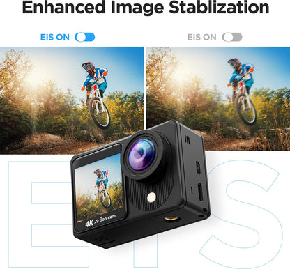 TIMNUT 4K Action Camera Touchscreen - Dual Screen Ultra HD EIS WiFi Sports Camcorder, 40M Waterproof, 170 Wide Angle Vlog Camera, 20MP Underwater with Remote Control and 2 Batteries