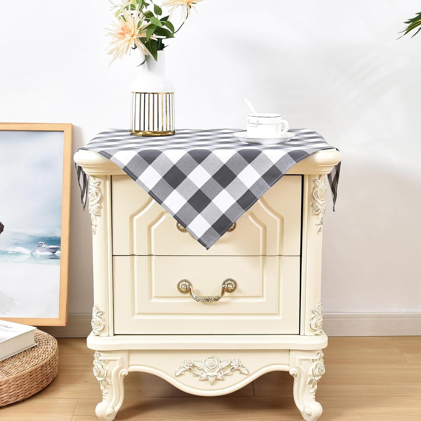 2 Pack 24x24 Inch Wolkemer Small Square Tablecloth Farmhouse Checkered Grey and White Gingham Nightstand Table Cloth
