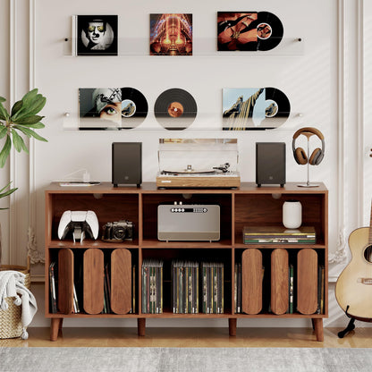 SLEKVERSA 55'' Vinyl Record Player Stand with Charging Station - Mid Century Modern Record Storage Cabinet w/6 Compartments, 2 USB Ports & Outlets - Turntable Table for Living Room