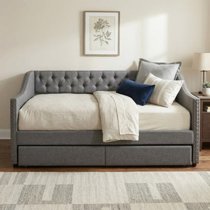 Christopher Knight Home Twin XL Daybed Frame with Two Drawers, Linen Fabric Upholstered Sofa Couch, 85’‘ Living Room Sleeper Sofa, Cozy Daybed for Bedroom, Diamond-Tufted Design, Rivet Armrests, Gray