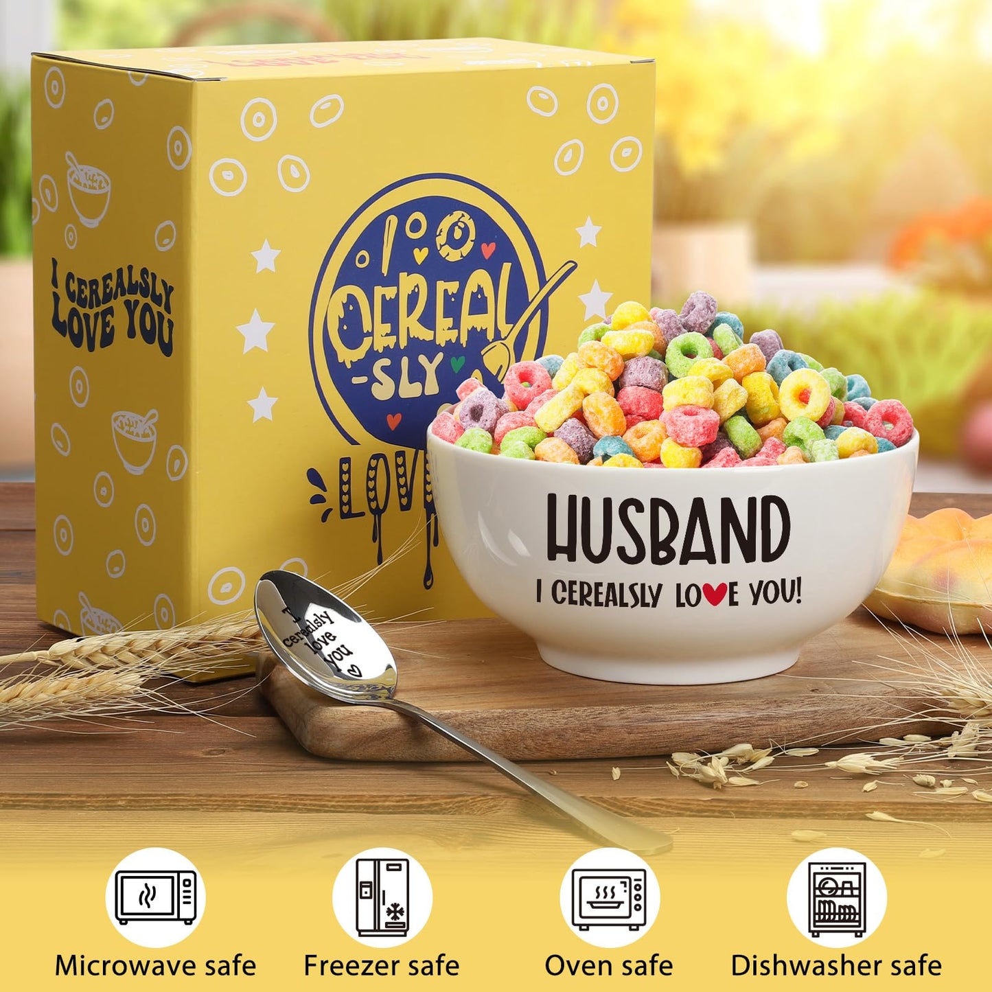 Husband Gifts from Wife, Valentines Day Gifts for Him Husband, Ceramic Bowl & Spoon Set for Cereal, Ramen, Soup, Ice Cream, Salad, Fruit - Perfect for Birthday Christmas Valentines Wedding Anniversary