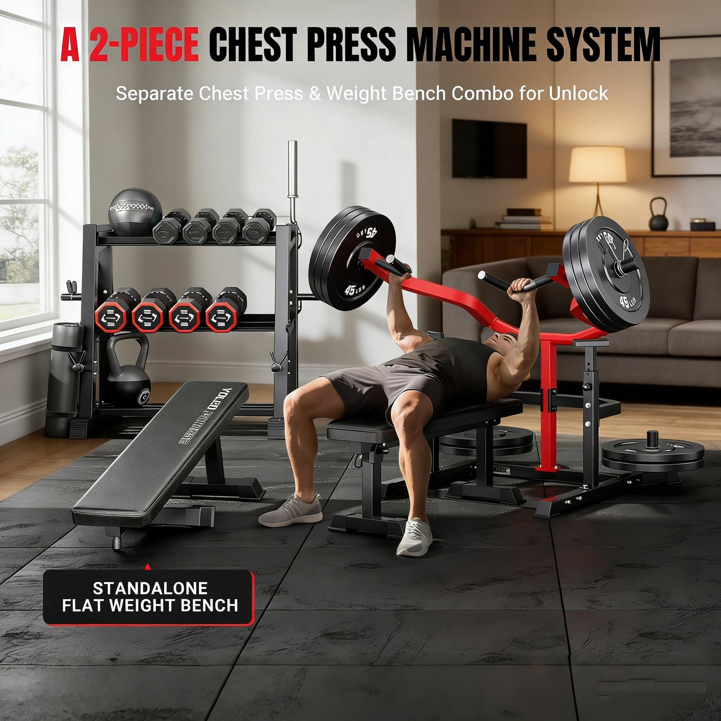 Chest Press Machine, 1100LBS Bench Press Machine with Separate Press Station & Adjustable Weight Bench, Independent Converging Arms (Red-Black)