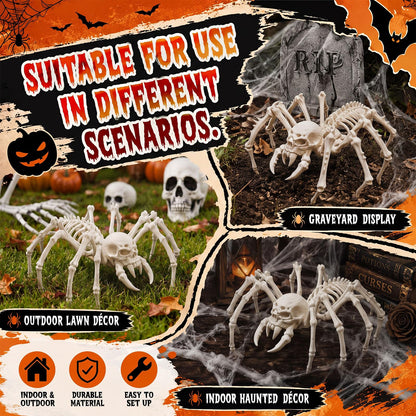 Kathfly 2 Pcs Spider Skeleton Decor, Animals Skeleton Ornaments Plastic Spider Skull Bones Figure Decor for Indoor and Outdoor Halloween Party Props Escape Rooms
