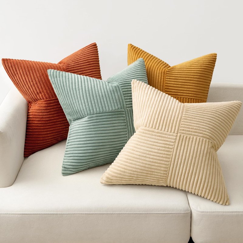 MIULEE Teal Orange Decorative Throw Pillow Covers 18x18 Inch Set of 4 Boho Corduroy Striped Cushion Cases Modern Farmhouse Patchwork Pillow Cases for Couch Sofa Bedroom Home Decor
