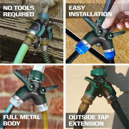 2WAYZ Hose Splitter 2 Way Heavy Duty Outdoor Faucet and Garden Connector - Water Spigot Splitter - Durable All-Metal Y Adapter with Shut-Off Valve - 4 x 4 x 1.5 Inches