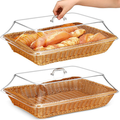 Mumufy 2 Pack Wicker Large Bread Basket with Acrylic Lid Housewarming Gift Woven Rectangular Imitation Rattan Fruit Basket with Cover for Serving Food Display Tabletop Home Kitchen(17.72x13.78'')