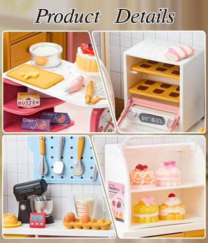 Tkmango Bakery Shop DIY Miniature House Kit with Roof & LED Light, Stackable & Connectable Dollhouse Kit with Dustproof Door, Creative DIY Crafts Building Toy Gift for Adults Teens