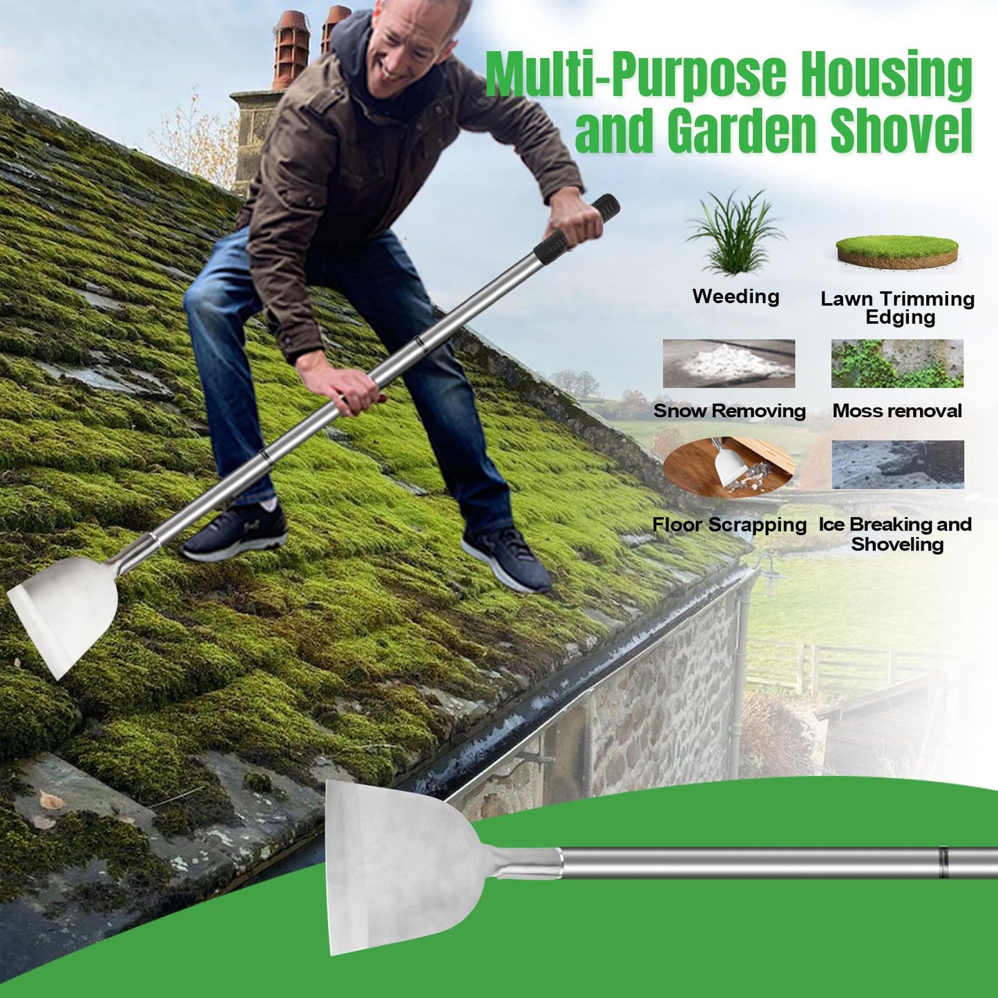 ROLKAR Snow Shovel for Driveway, Ice Scraper, Floor Scraper Long Handle, Garden Shovel Heavy Duty with Flat Head, Weed Scraper, Sod Cutter Remover Tool for Lawn Edger, Edging Shovels for Landscaping,