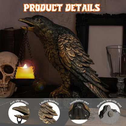 Gothic Crow Wall Art Decor Outdoor Wall Sconce Raven lamp Table Candle Holder Halloween Wall Decor for Patio Garden Bedroom Resin Tealight Statue Wearing Gold