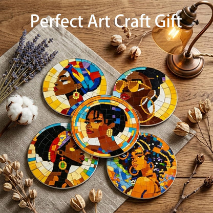 8 PCS Black Girl Diamond Art Coasters Kits for Adults - 4 Inch DIY Diamond Painting Coasters, Artistic African American Women 5D Mandala Crafts for Fun DIY Experience, Beginners, Gift