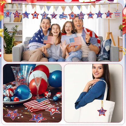 WILLBOND 30 Pcs 4th of July Diamond Art Keychain Kits for Adults Patriotic Diamond Painting Key Ring Double Sided American Flag Red White Blue Star Hanging Ornaments for Independence Day DIY Decor