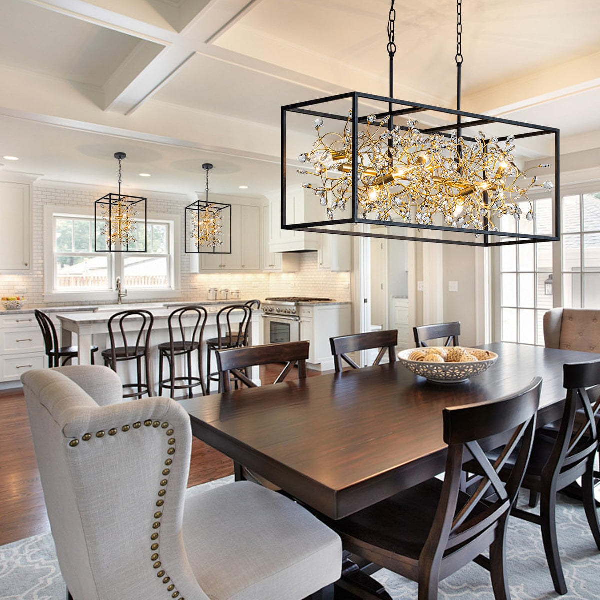 Vezzio Black and Gold Crystal Chandelier, 4-Light Modern Farmhouse Foyer Pendant Light for Entryway, Dining Room, Kitchen Island, Staircase, Hallway, H21 Inch