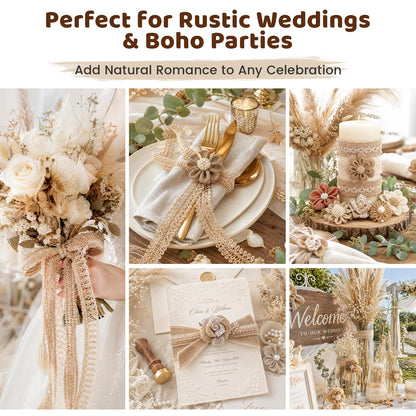 VGOODALL 16 PCS Natural Burlap Flowers Set, Including 12 PCS Handmade Lace Flowers and Bowknots, 4 Rolls Burlap Ribbon for Christmas Birthday Party Wedding Home Embellishment DIY Crafts
