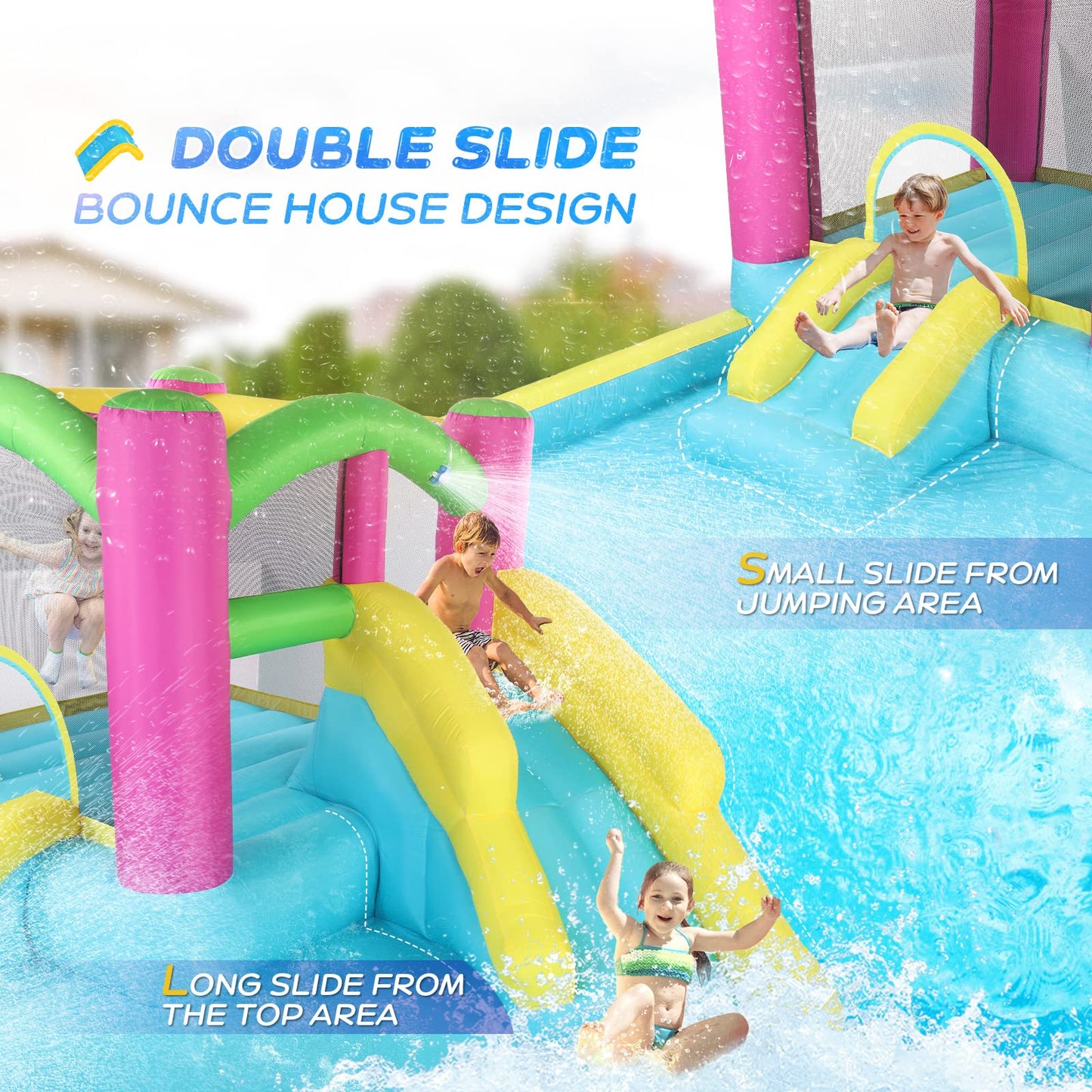 JOYMOR Inflatable Bounce House with Double Water Slide for Kids Toddler Age 3-10, Splash Pool Water Cannons, Ring-Toss Games for Outdoor Backyard Fun Water Toys, Indoor Bouncy Castle with Air Blower