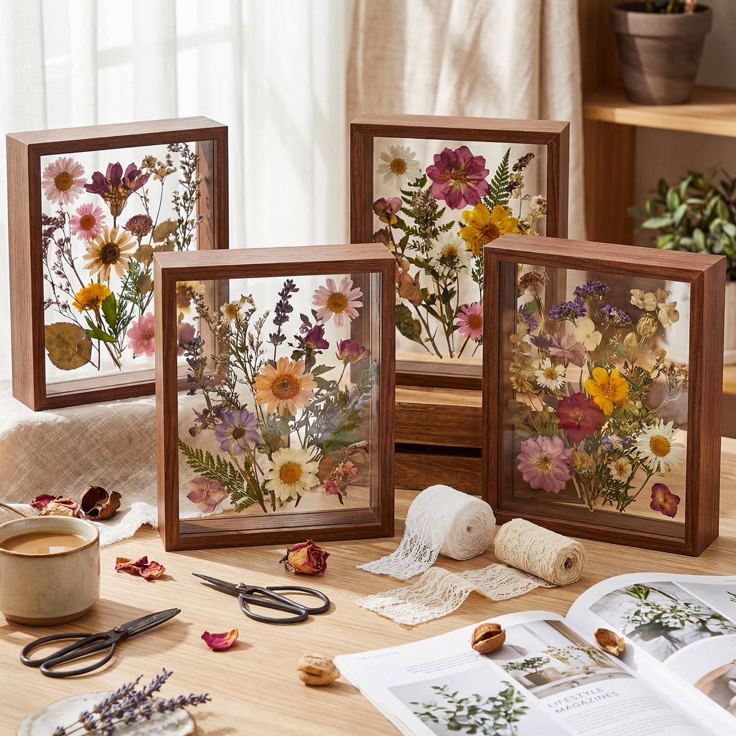 Wenqik 4 Pack 8 x 10 Shadow Box Frame Transparent Shadowbox Display Case Wood Deep Picture Frame with Soft Felt Back for Photos Dried Flowers Memorabilia Handicrafts Keepsake(Walnut)