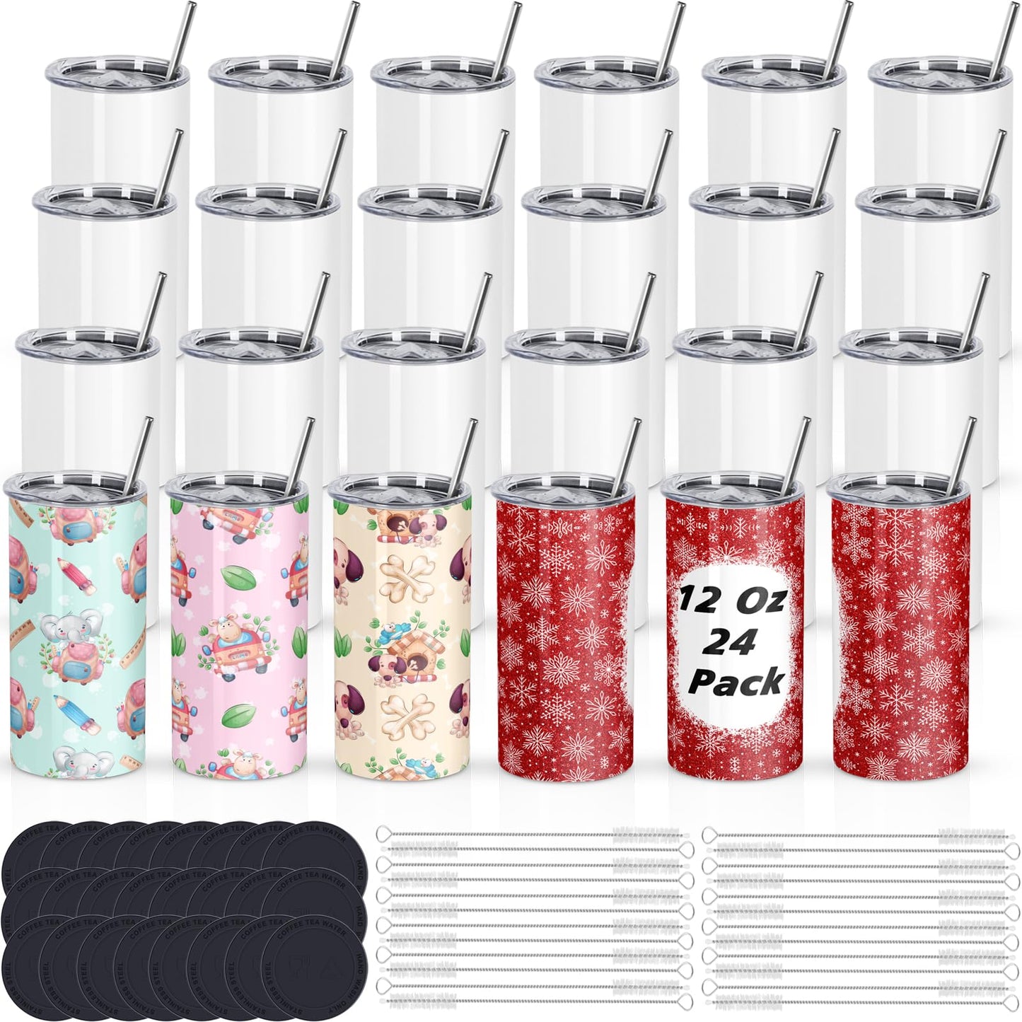 Draheri 12 Oz Sublimation Tumblers Blanks Bulk, Sublimation Cups for Kid with Straw and Brush, Stainless Steel Double Wall Insulated Mugs, Individually Boxed (24 Pack)