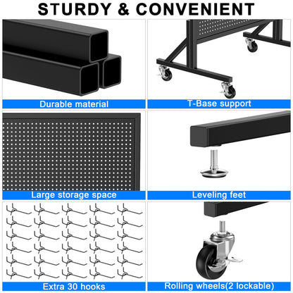 Folews 24″ x 70″ Pegboard Display Stand, Freestanding Metal Peg Board Display with 30 Hooks & Wheels Portable Standing Pegboard Rack for Vendor Retail Craft Show Fair Garage DIY, Black
