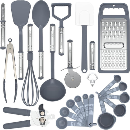 LUX Decor 23 PCS Kitchen Utensils Set - Non-Stick Nylon Cooking Spatula Set with Stainless Steel Handles - Grey