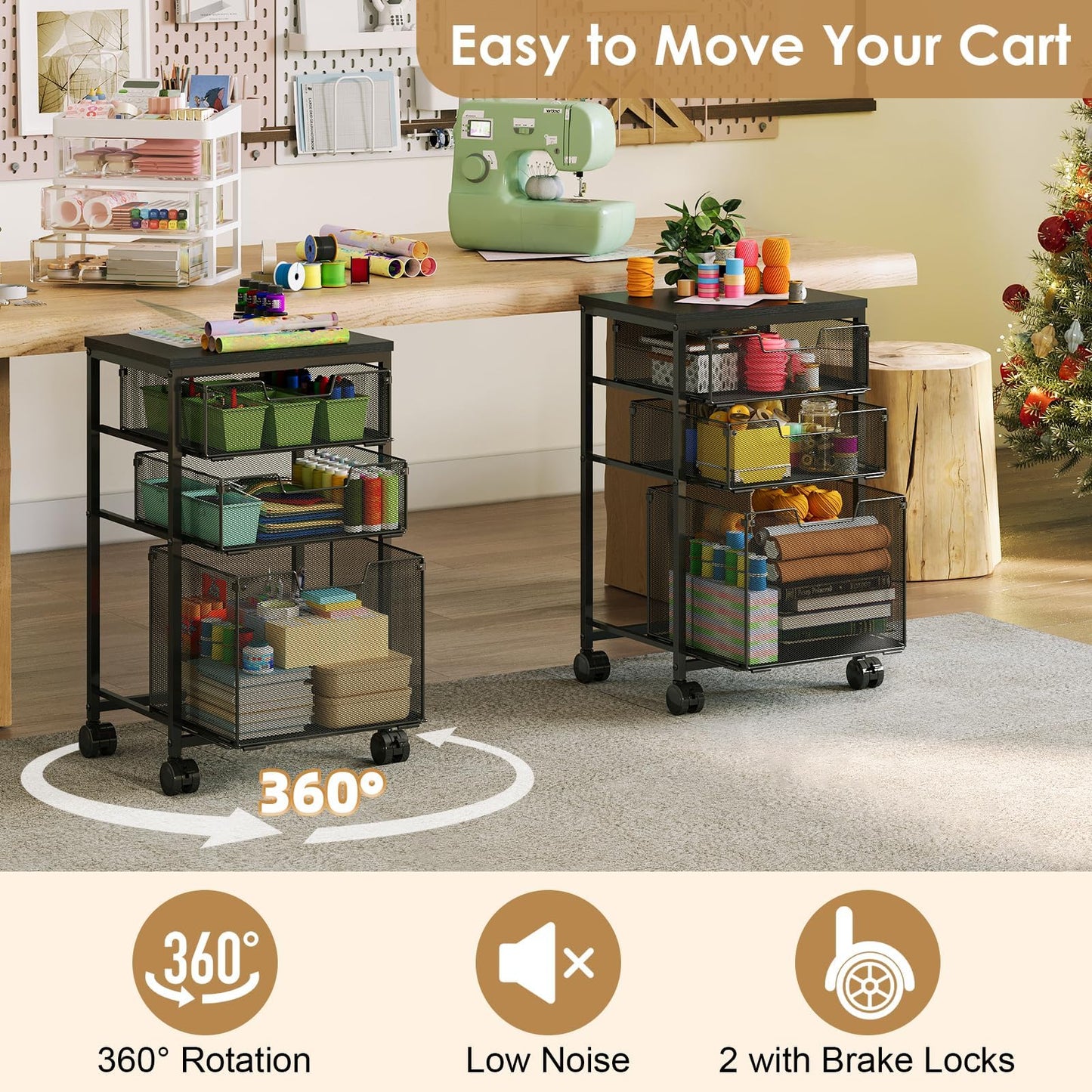 Sbanmao Rolling Storage Cart with 1L+2S Drawers, Mobile File Cabinet, Hanging File Folder Organizer, Printer Stand Utility Cart Filing Cabinet, Craft Art Organizer Cart for Classroom, Office, Home