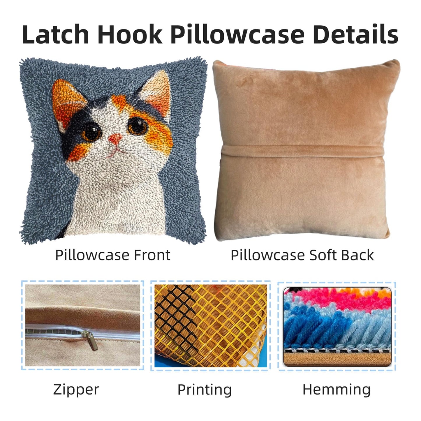DIY Latch Hook Pillow Kits Cute Cat Printed Pillowcase Crochet Yarns Hooking Handmade Pillow Cover Cushion for Home Sofa Decoration 17x17inch-7