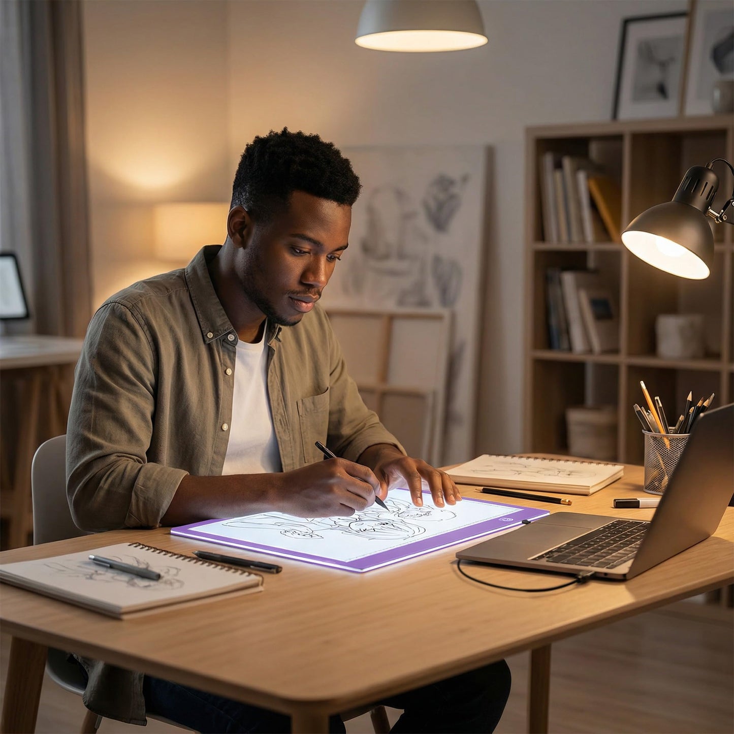 A4 Ultra-Thin LED Light Pad with Scale - 5000 Lux Stepless Dimmer Light Box for Diamond Painting, Tracing & Sketching - USB Powered Portable Light Table for Artists, Tattoos & Animation - Purple