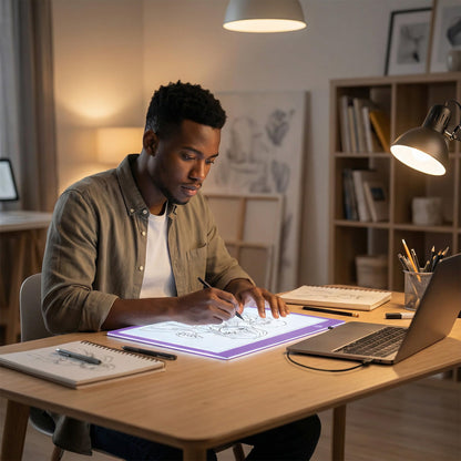 A4 Ultra-Thin LED Light Pad with Scale - 5000 Lux Stepless Dimmer Light Box for Diamond Painting, Tracing & Sketching - USB Powered Portable Light Table for Artists, Tattoos & Animation - Purple