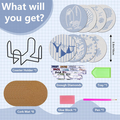 Beach Diamond Art Coasters Kit, 8 Pcs Beach Diamond Painting Coasters with Holder, 5D Gem Art Kit Easy Crafts, Non Slip Coaster for Home Decor Gift