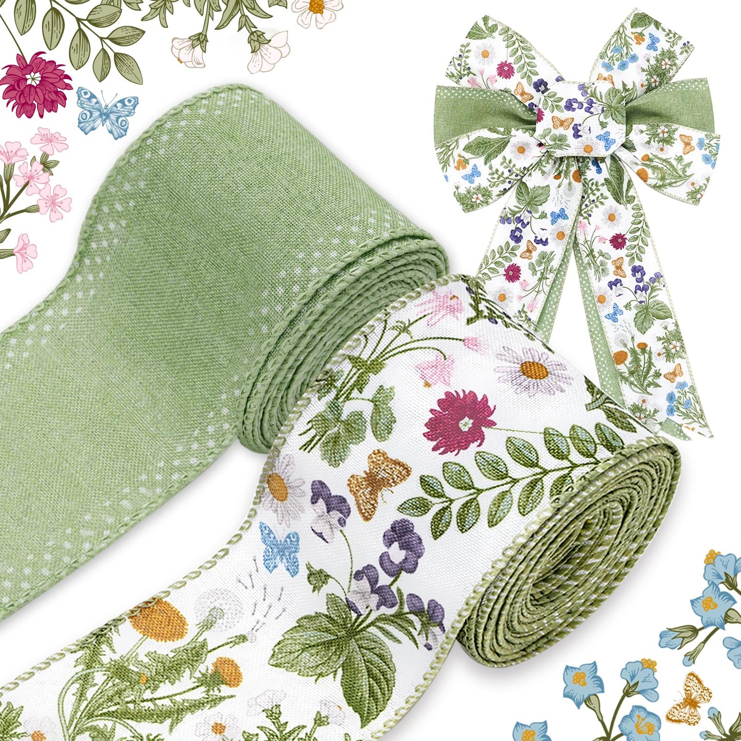 JarThenaAMCS Green Wildflowers Wired Edge Ribbon Retro Wild Floral Craft Ribbon Summer Fabric Ribbon for Spring Wreath Bow Making DIY Wrapping Party Decor Supplies, 2 Rolls, 20 Yard