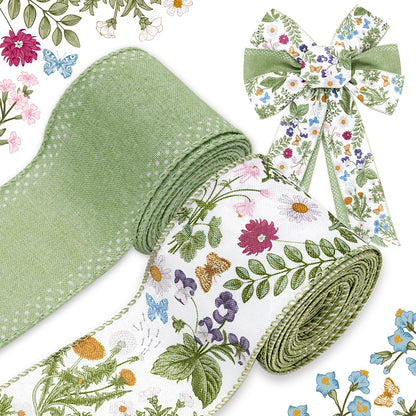 JarThenaAMCS Green Wildflowers Wired Edge Ribbon Retro Wild Floral Craft Ribbon Summer Fabric Ribbon for Spring Wreath Bow Making DIY Wrapping Party Decor Supplies, 2 Rolls, 20 Yard