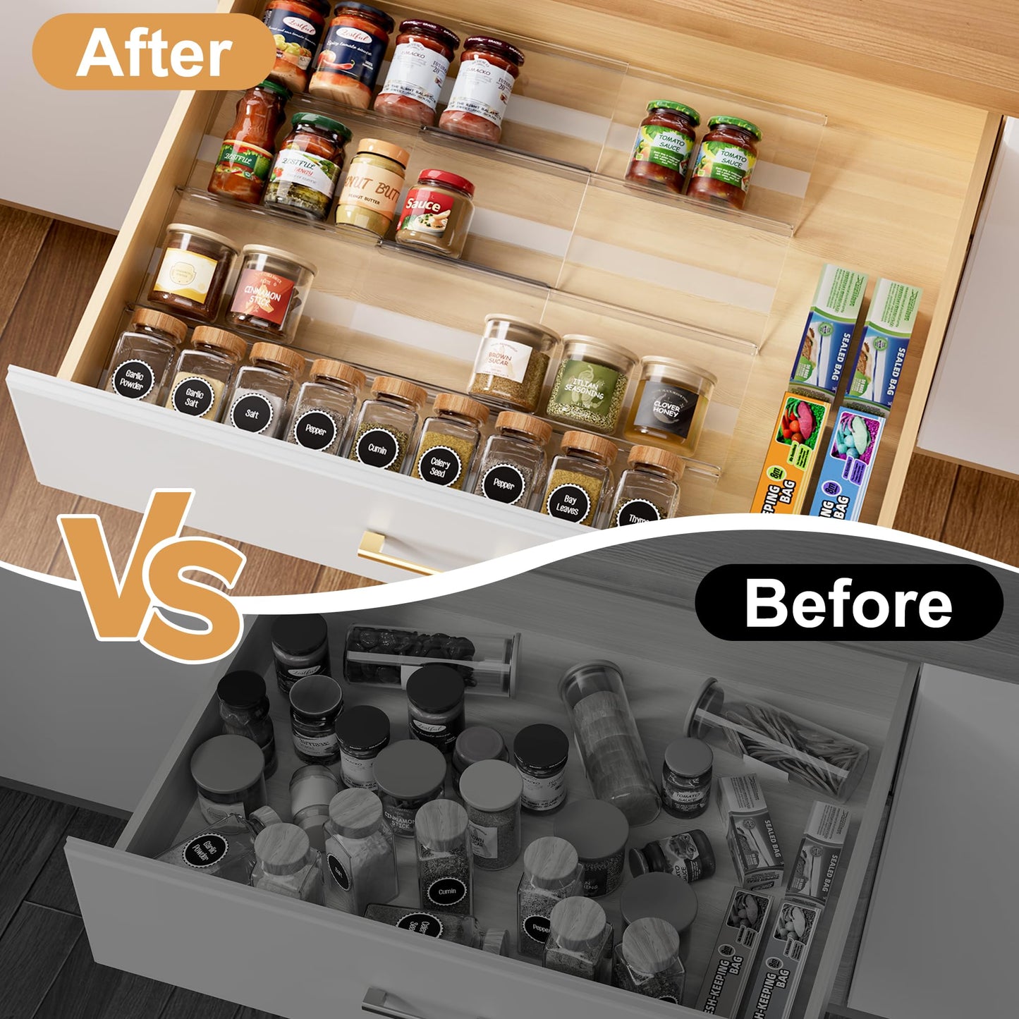 Brippo 8-Pack Spice Drawer Organizer, Expandable Acrylic Seasoning Rack (13" to 26") with Anti-Slip Mat, Kitchen Spice Rack Holds up to 56 Jars (Jars Not Included)