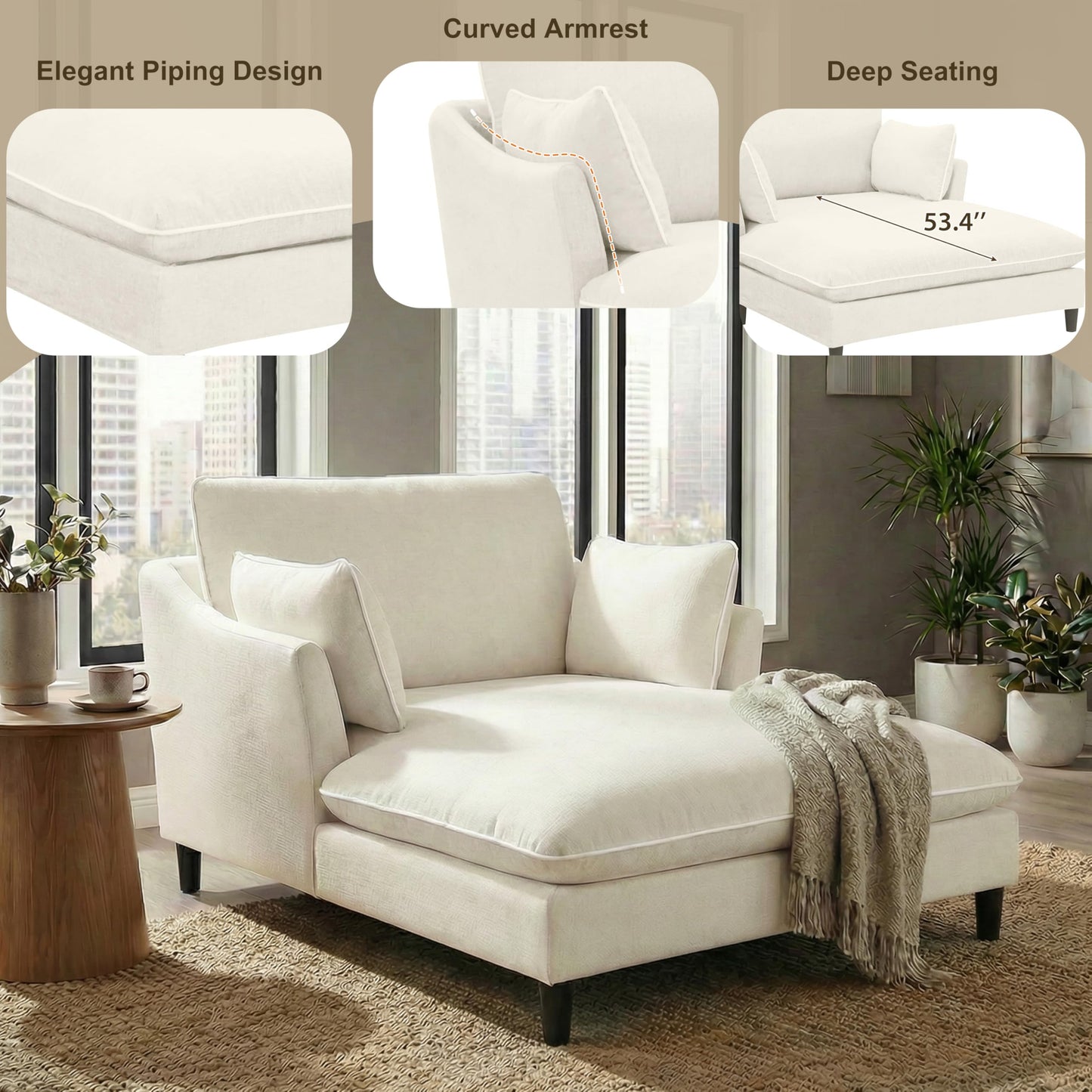 Merax Boneless Chaise Lounge Chair Indoor, 51.2" Modern Oversized Chaise Lounge Reading Chairs with 2 Pillows, Comfy Chenille Sleeper Sofa Couch for Living Room Bedroom Apartment, Beige