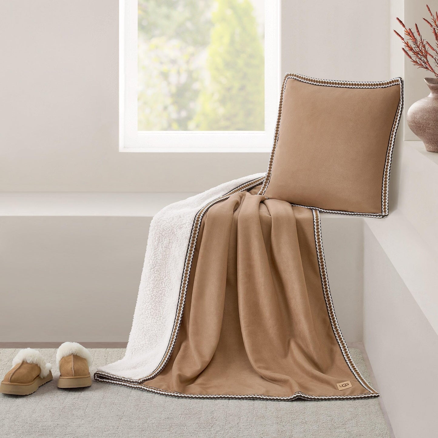 UGG Braid Reversible Throw Blanket – Ultra Soft Throw with Faux Suede and UGGFluff, Cozy Accent for Bedroom or Living Room Decor, Birthday Gifts for Women (Brown, Throw - 50" x 70")